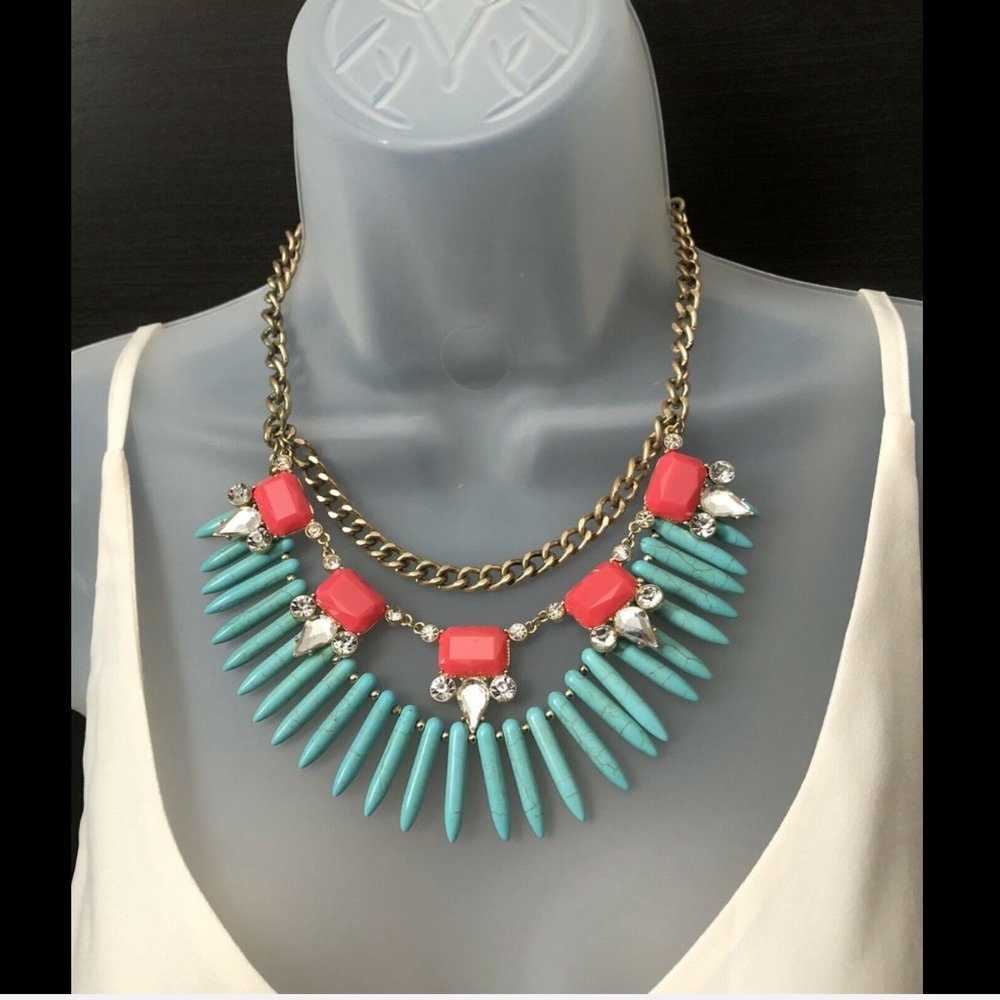 BaubleBar Neon Bib Statement Necklace Spikes Pink Aqua Gold Western Festival